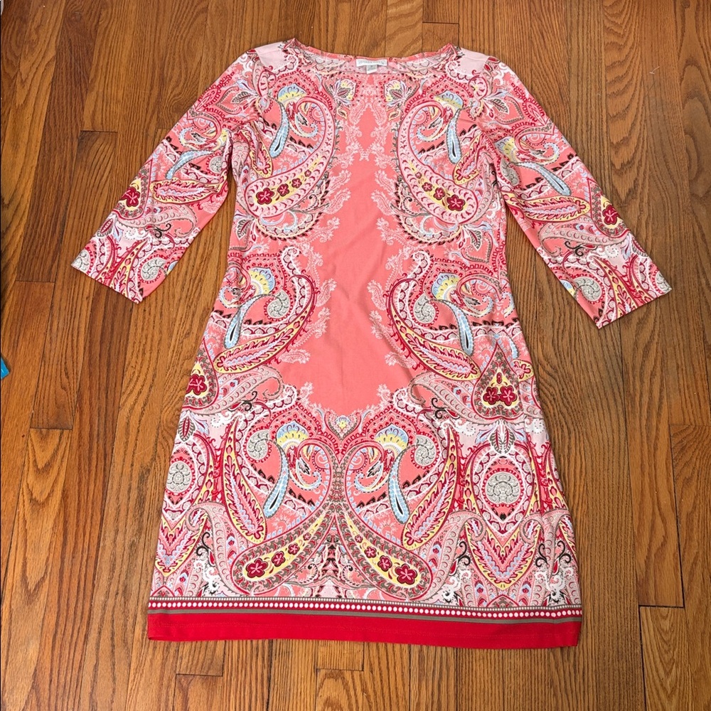 London Times 3/4 Sleeve Shift Dress Coral Pink Red size 8
